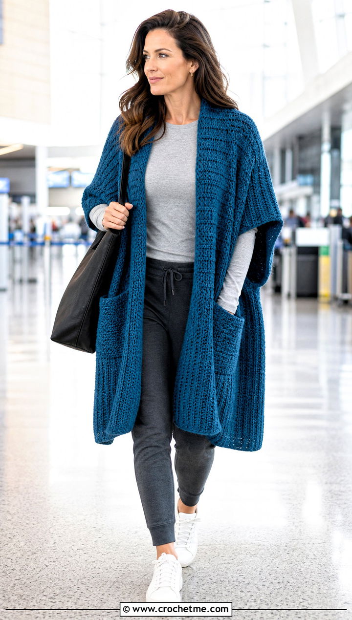 Pocketed Crochet Sweater Blanket With Joggers - 25 crochet sweater blanket outfit ideas