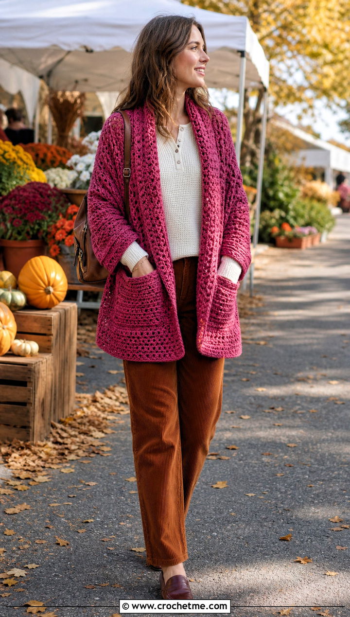 Pocketed Crochet Sweater Shawl With Corduroy Pants - 25 crochet sweater shawl outfit ideas