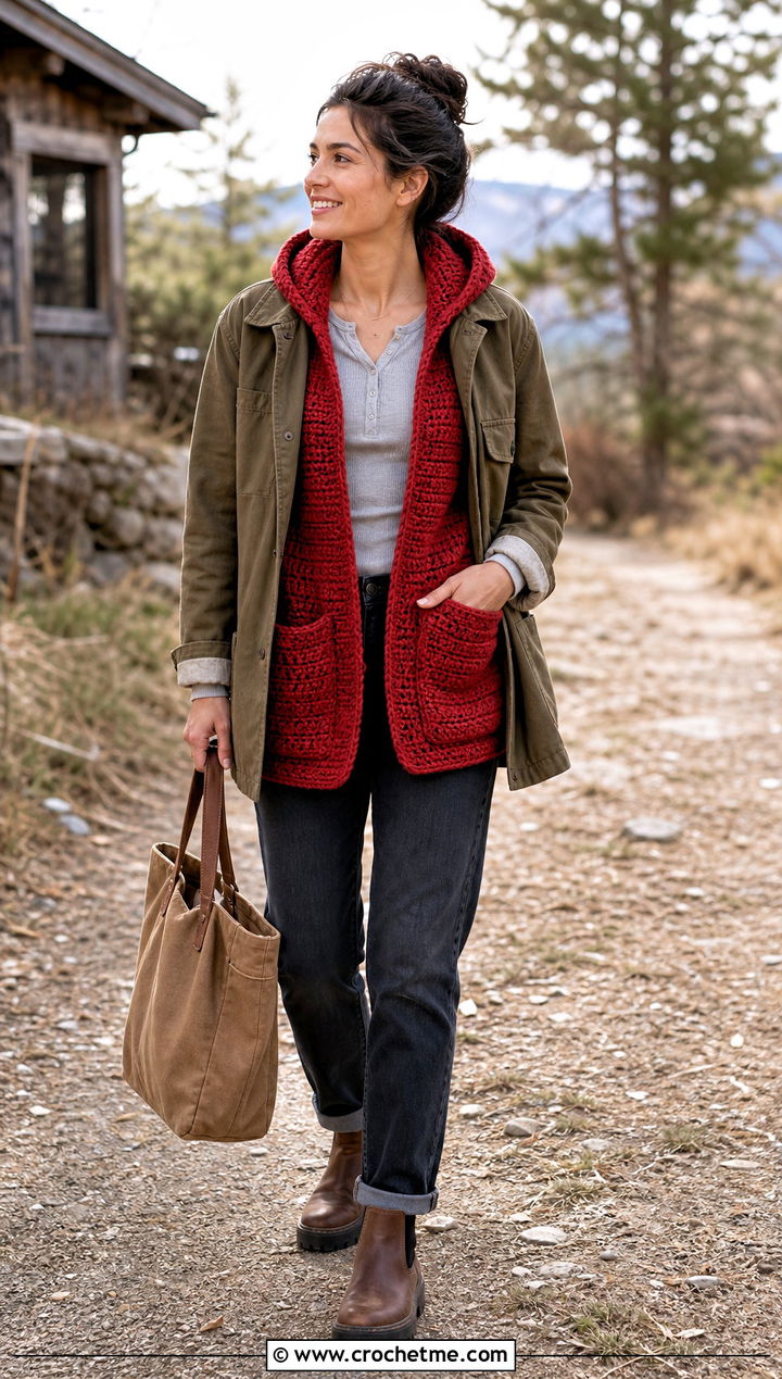 Pocketed Crochet Vest With Hood And Chore Jacket - 30 crochet vest with hood outfit ideas
