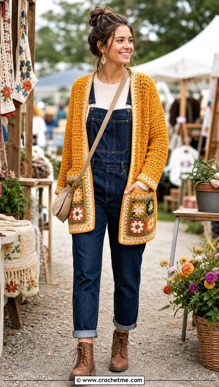Pocketed Folklore Crochet Cardigan With Denim Overalls - 30 folklore crochet cardigan outfit ideas
