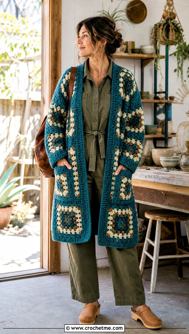 Pocketed Giant Granny Square Cardigan With Utility Jumpsuit - 35 giant granny square cardigan outfit ideas