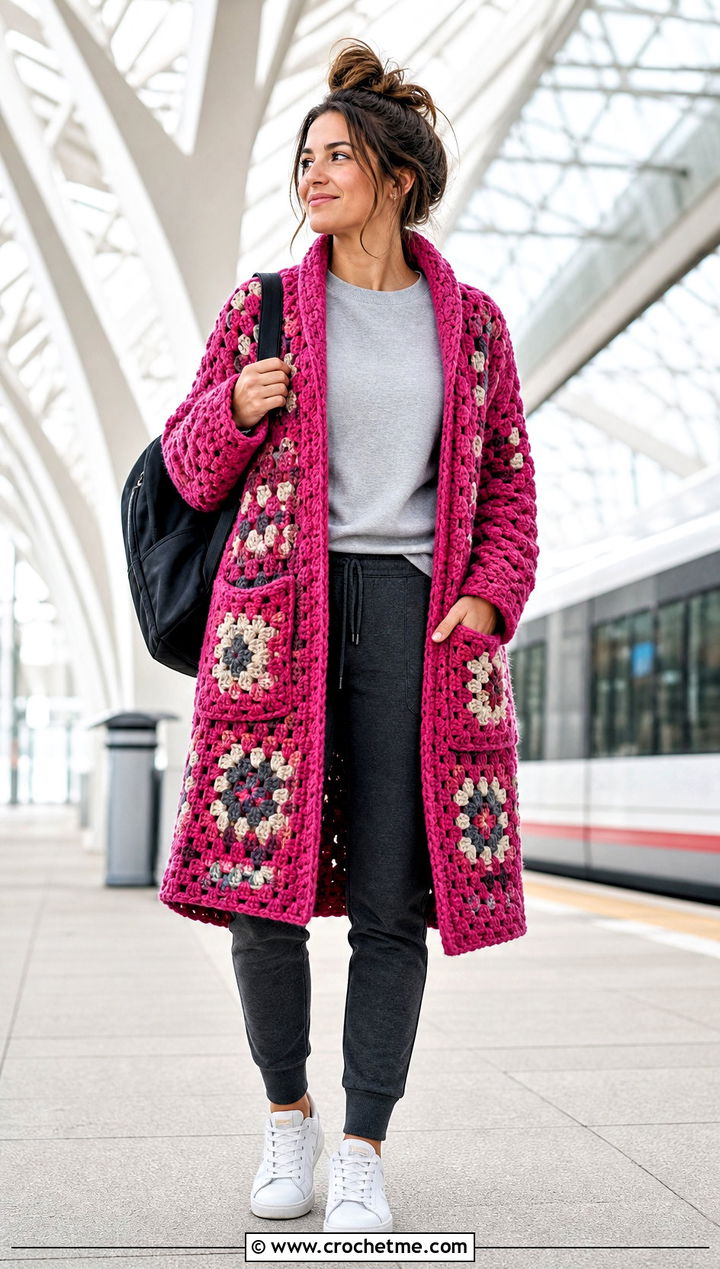 Pocketed Granny Square Crochet Coat With Joggers - 25 Granny Square Crochet Coat outfit ideas
