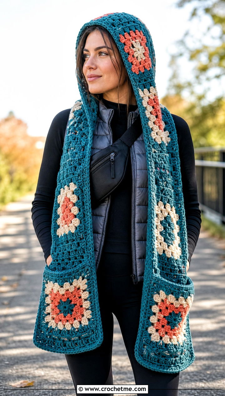 Pocketed Granny Square Crochet Hooded Scarf With Leggings - 30 Granny Square Crochet Hooded Scarf outfit ideas