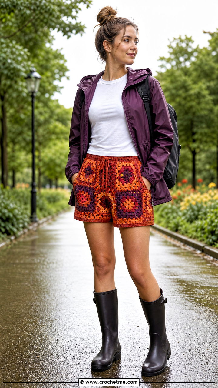 Pocketed Granny Square Crochet Shorts With Rain Jacket - 35 granny square crochet shorts outfit ideas