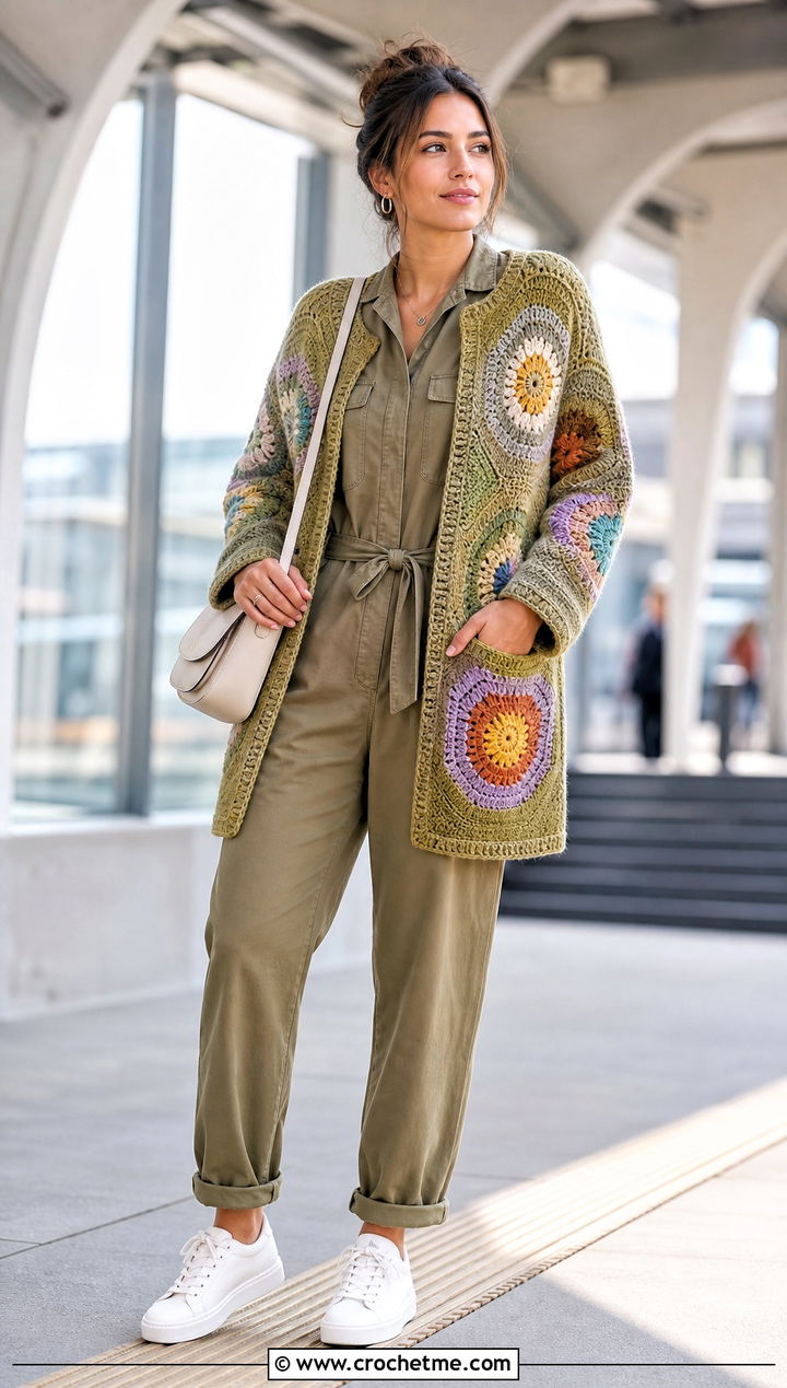 Pocketed Granny Square Hexagon Cardigan With Utility Jumpsuit - 35 granny square hexagon cardigan outfit ideas