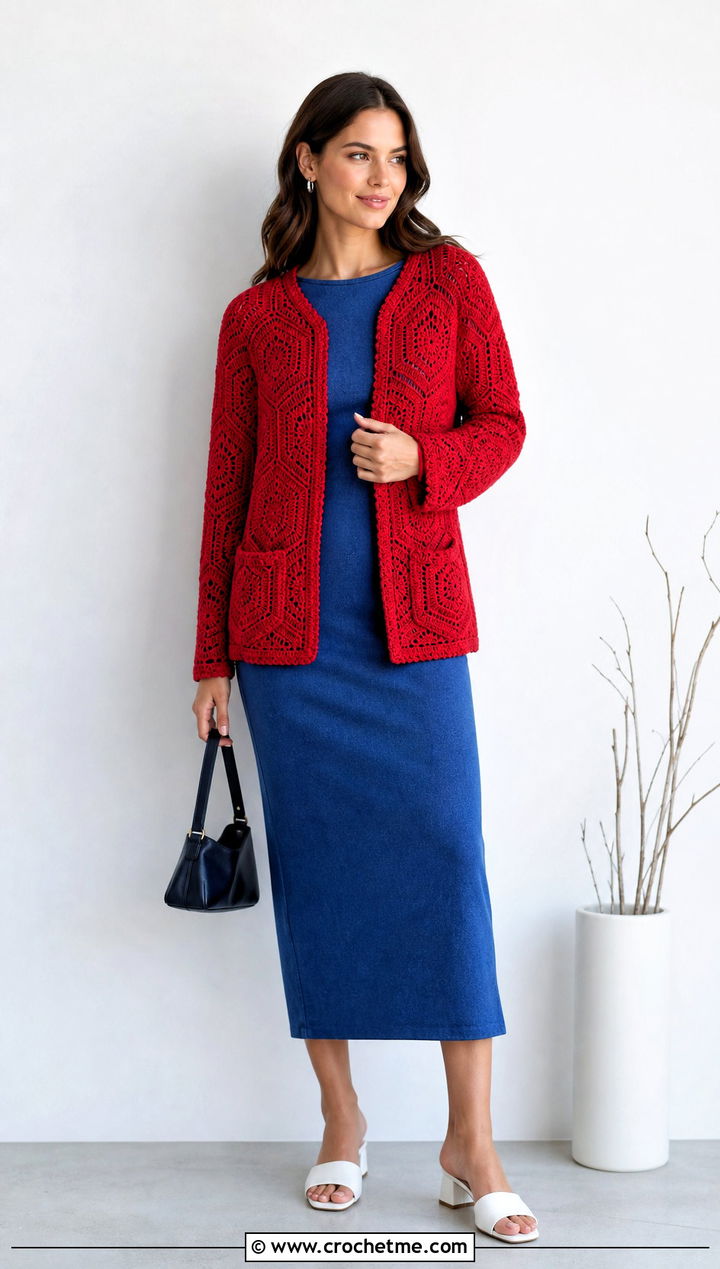Pocketed Hex Crochet Cardigan With Column Dress - 35 hex crochet cardigan outfit ideas