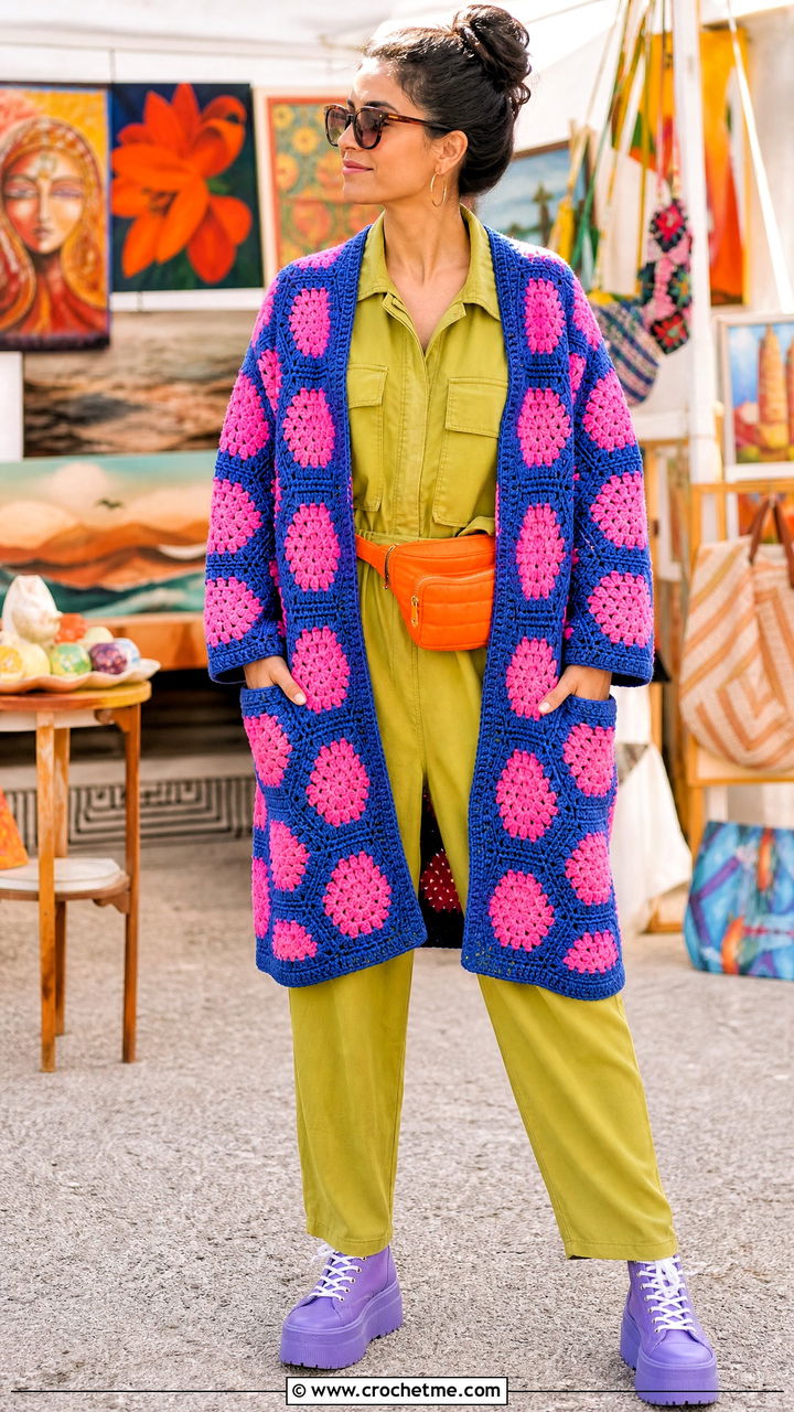 Pocketed Hexagon Cardigan With Utility Jumpsuit - 35 crochet hexagon cardigan outfit ideas