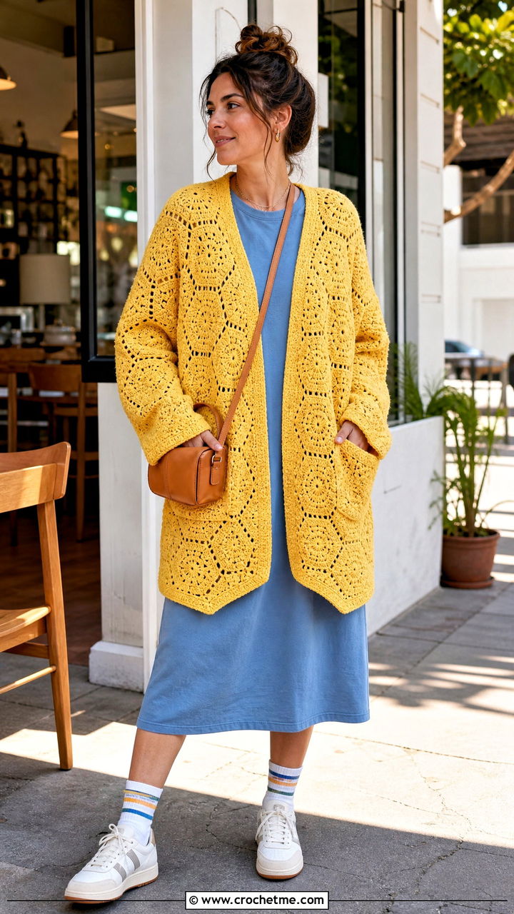 Pocketed Hexagon Crochet Cardigan With T Shirt Dress - 35 hexagon crochet cardigan outfit ideas