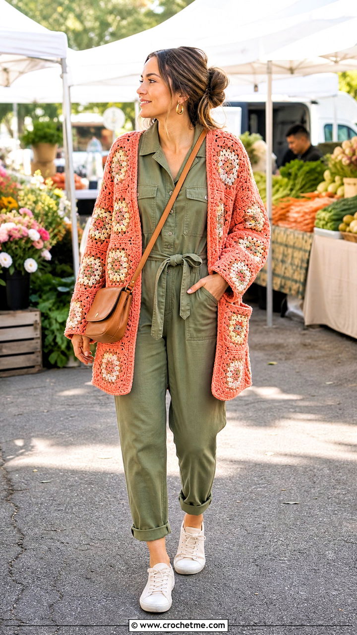 Pocketed Hexagon Granny Square Cardigan With Utility Jumpsuit - 35 hexagon granny square cardigan outfit ideas
