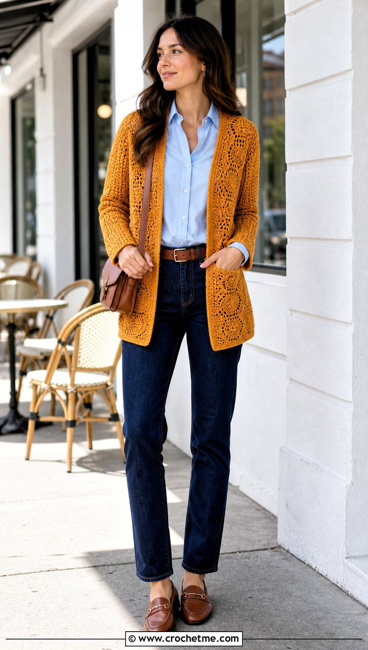 Pocketed Hexi Cardigan With Button Down Shirt And Dark Jeans - 35 crochet hexi cardigan outfit ideas