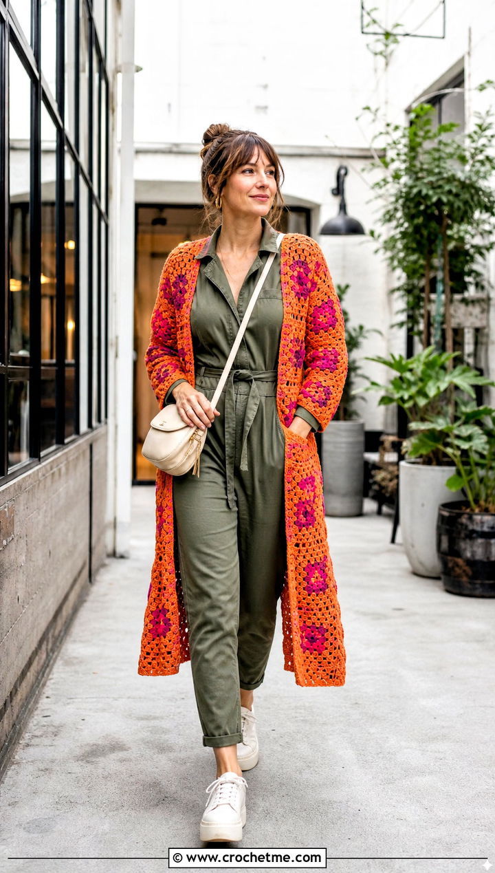 Pocketed Long Granny Square Cardigan With Utility Jumpsuit - 35 long granny square cardigan outfit ideas
