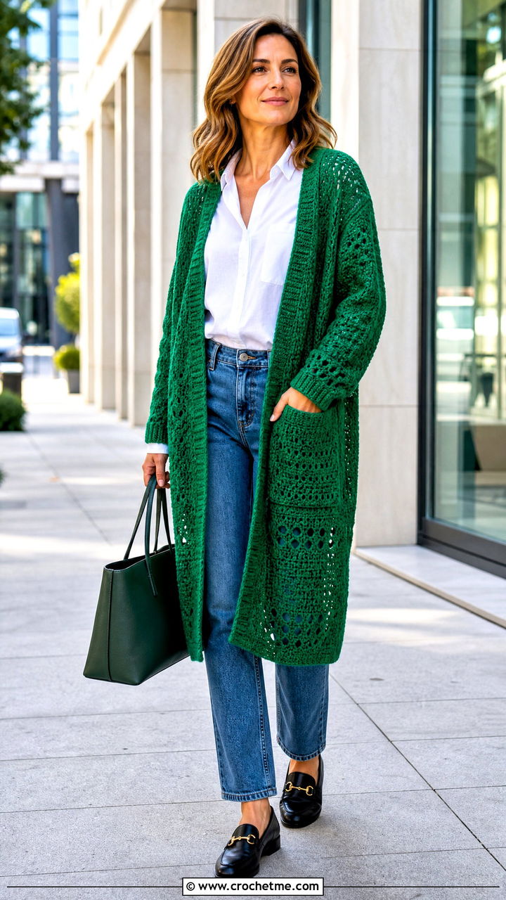 Pocketed Longline Crochet Boho Cardigan With Shirt And Jeans - 35 crochet boho cardigan outfit ideas