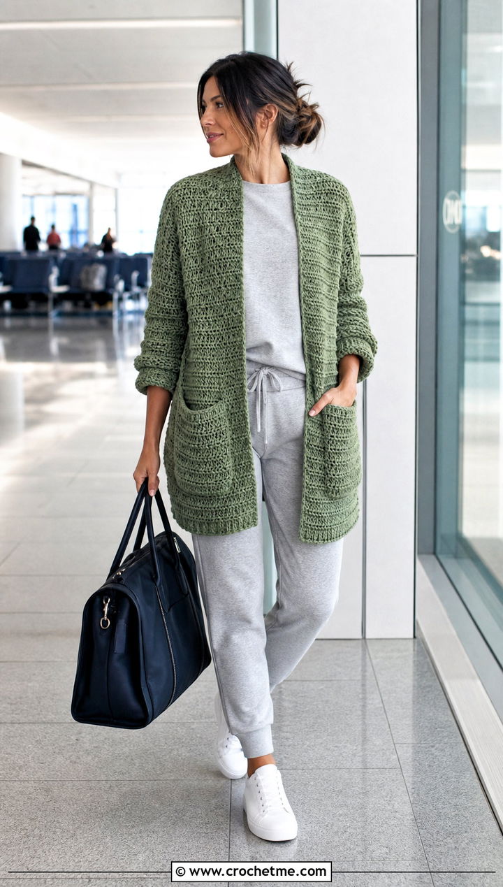 Pocketed Oversized Chunky Crochet Cardigan With Jogger Set - 25 oversized chunky crochet cardigan outfit ideas