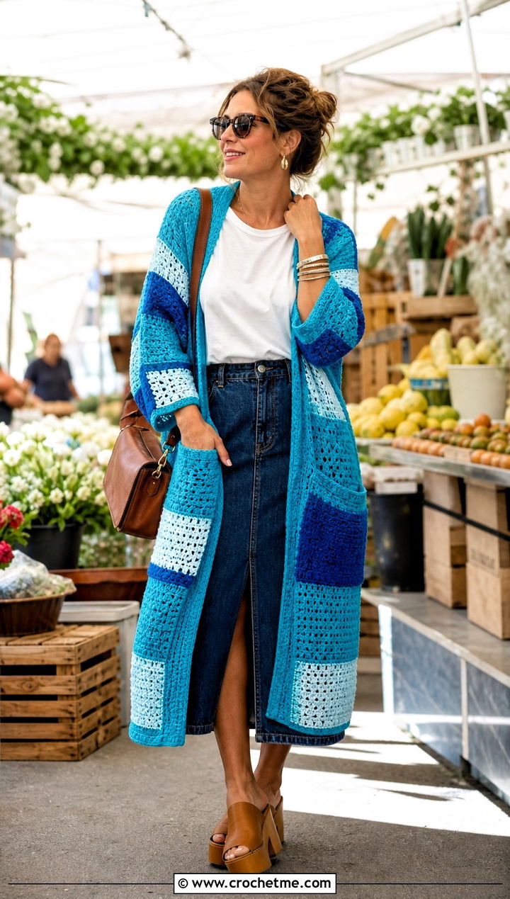Pocketed Oversized Patchwork Crochet Cardigan With Denim Midi Skirt - 15 oversized patchwork crochet cardigan outfit ideas