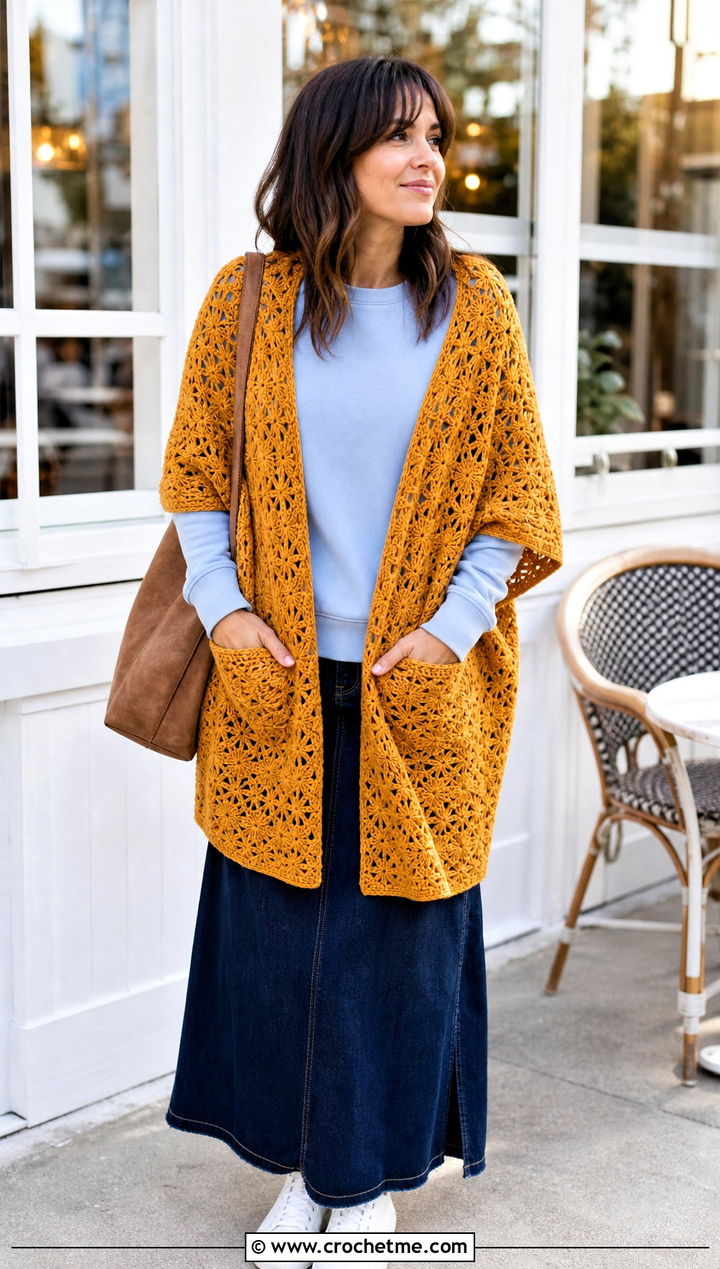 Pocketed Star Crochet Shawl With Denim Maxi Skirt - 30 star crochet shawl outfit ideas
