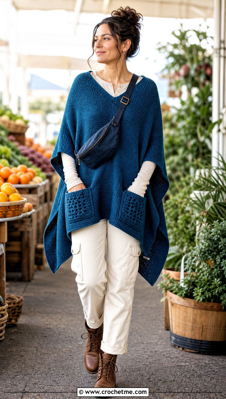 Pocketed Tunisian Poncho With Utility Jeans - 30 tunisian crochet poncho outfit ideas