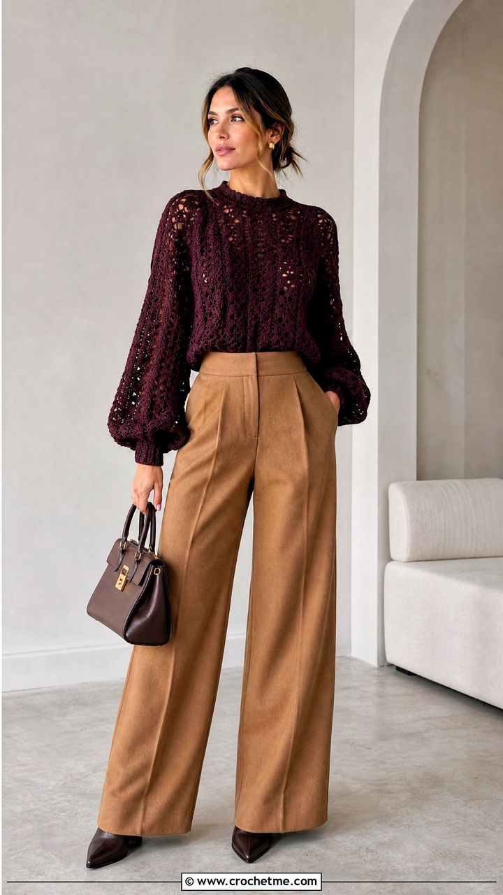 Poet Crochet Blouse With Wool Trousers - 35 crochet shirts outfit ideas