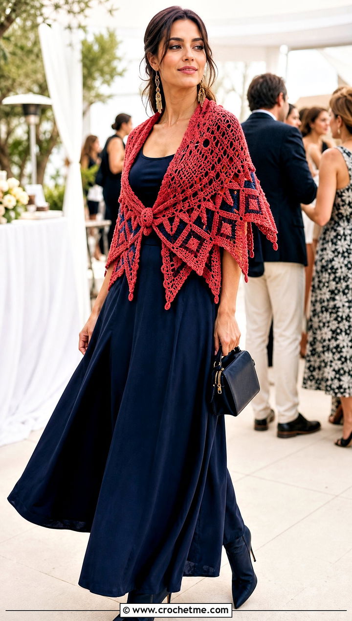 Pointed Border Mosaic Crochet Shawl With Maxi Skirt - 30 mosaic crochet shawl outfit ideas