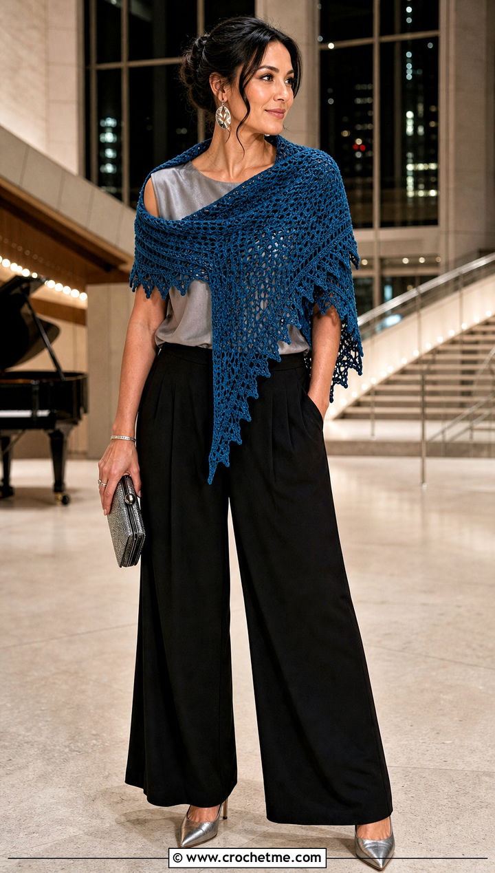 Pointed Border Tunisian Crochet Triangle Shawl With Palazzo Pants - 25 Tunisian Crochet Triangle Shawl outfit ideas