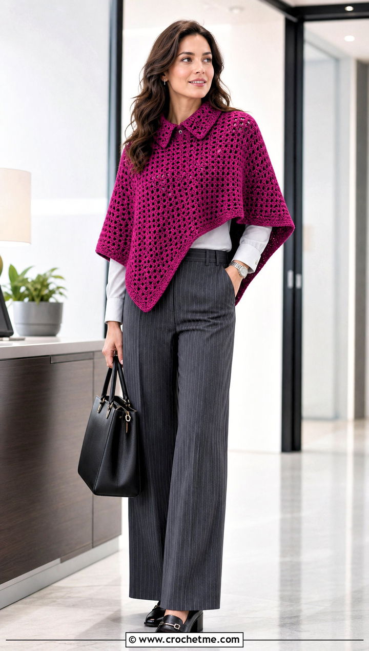 Pointed Collar Crochet Poncho With Pinstripe Pants - 25 Crochet Poncho With Collar outfit ideas