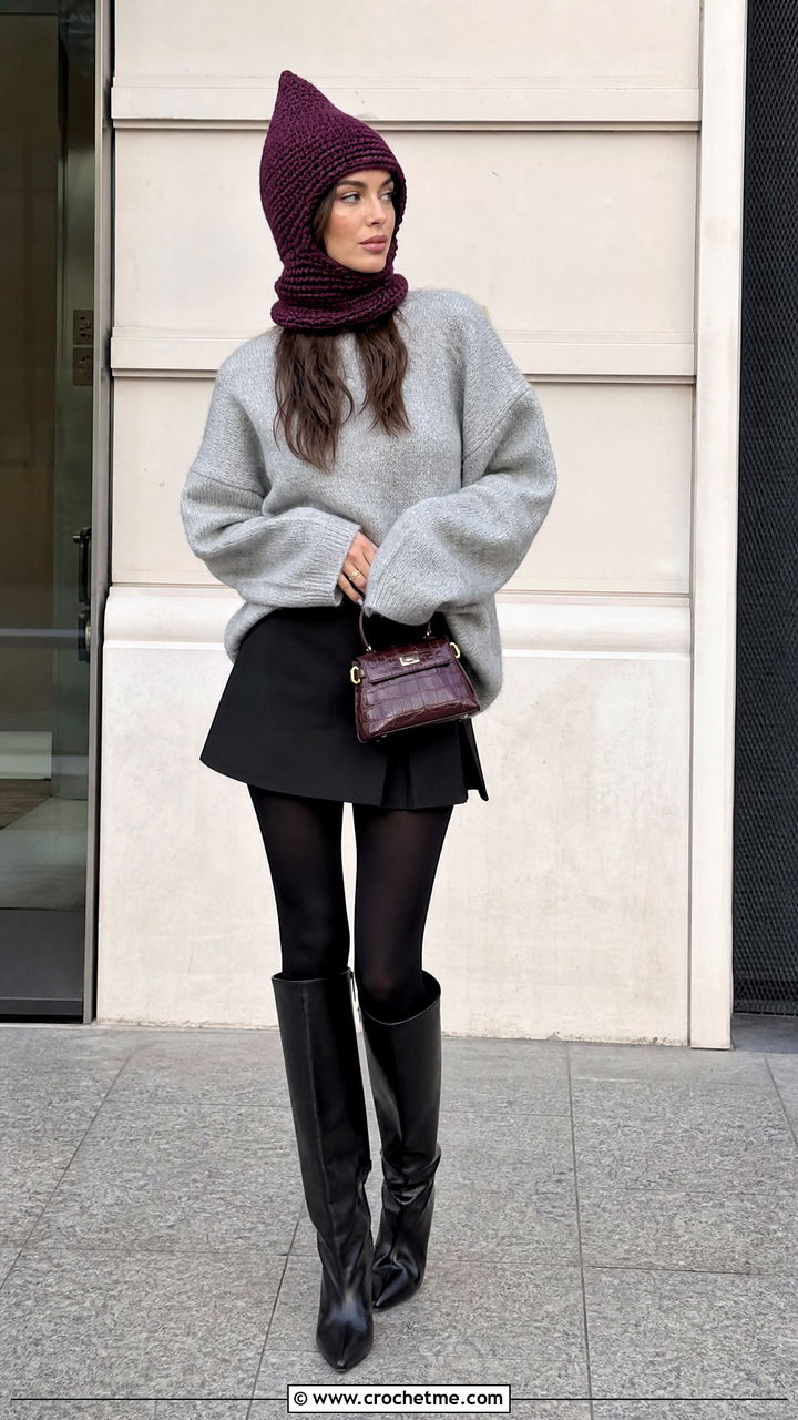 Pointed Crochet Balaclava With Oversized Sweater And Mini Skirt - 35 crochet balaclava outfit ideas