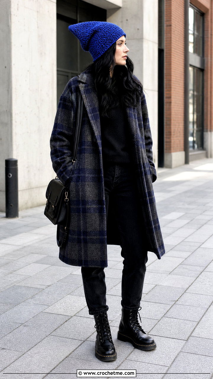 Pointed Crochet Beanie With Plaid Coat And Combat Boots - 35 crochet beanie hat outfit ideas