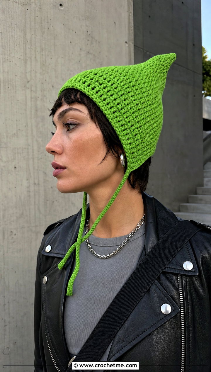 Pointed Crochet Bonnet With Leather Jacket - 25 Easy Crochet Bonnet outfit ideas