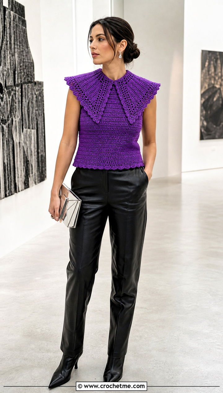 Pointed Crochet Collar Top With Leather Pants - 25 Crochet Collar Top outfit ideas