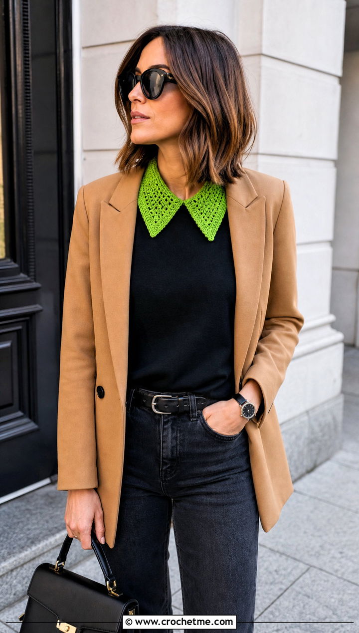 Pointed Crochet Collar With Blazer And Jeans - 15 beginner crochet collar outfit ideas