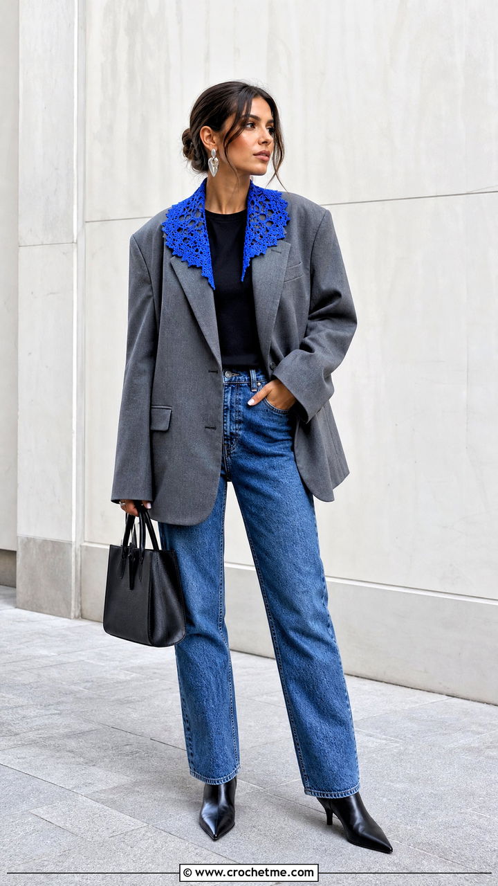 Pointed Crochet Collar With Blazer And Jeans - 35 crochet collars outfit ideas