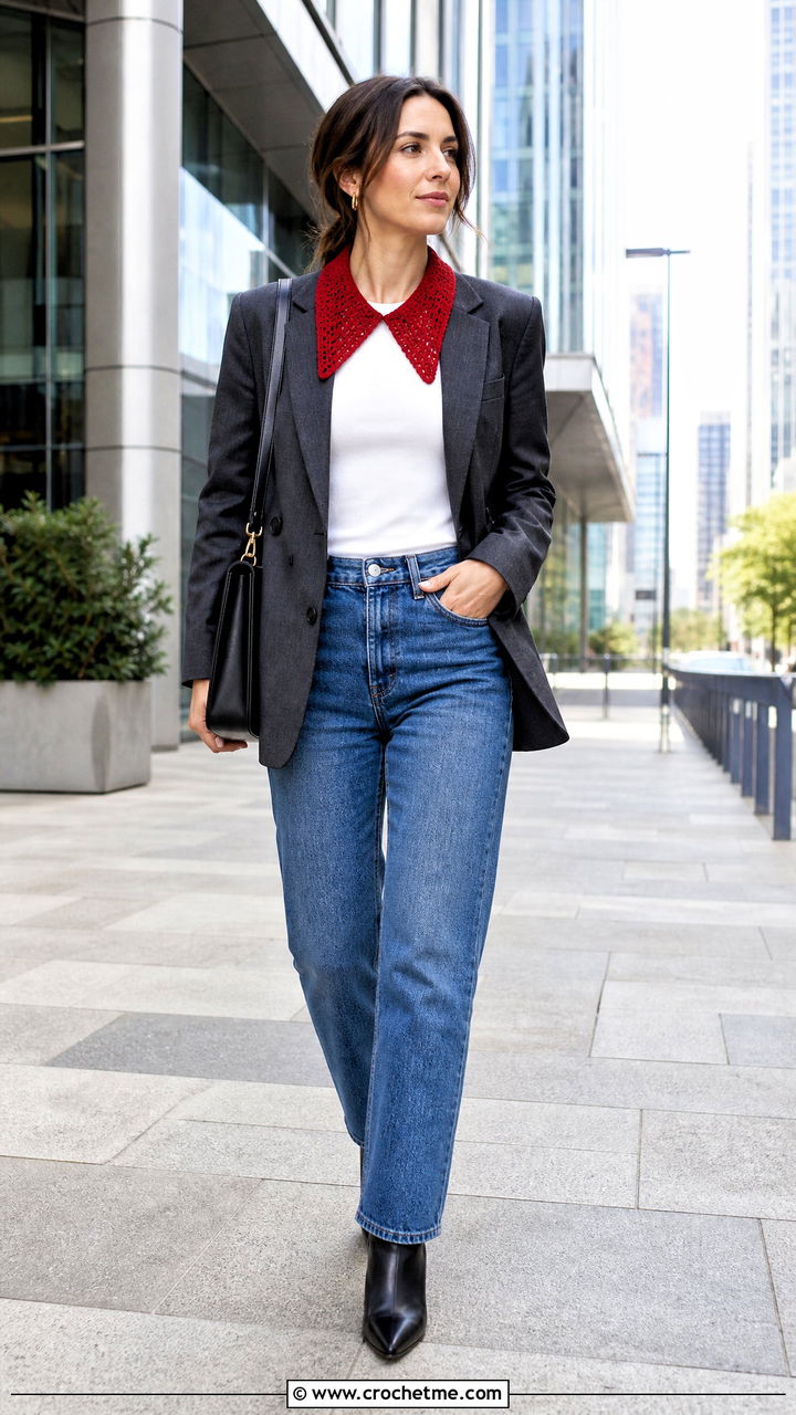Pointed Crochet Collar With Blazer And Straight Jeans - 35 crochet collar outfit ideas