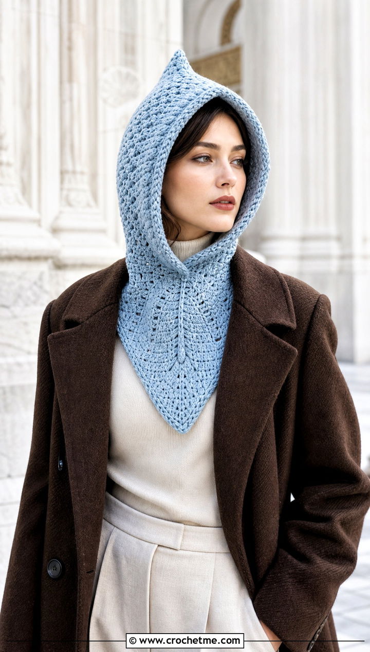 Pointed Crochet Hood With Wool Coat And Tailored Trousers - 25 pointy crochet hat outfit ideas