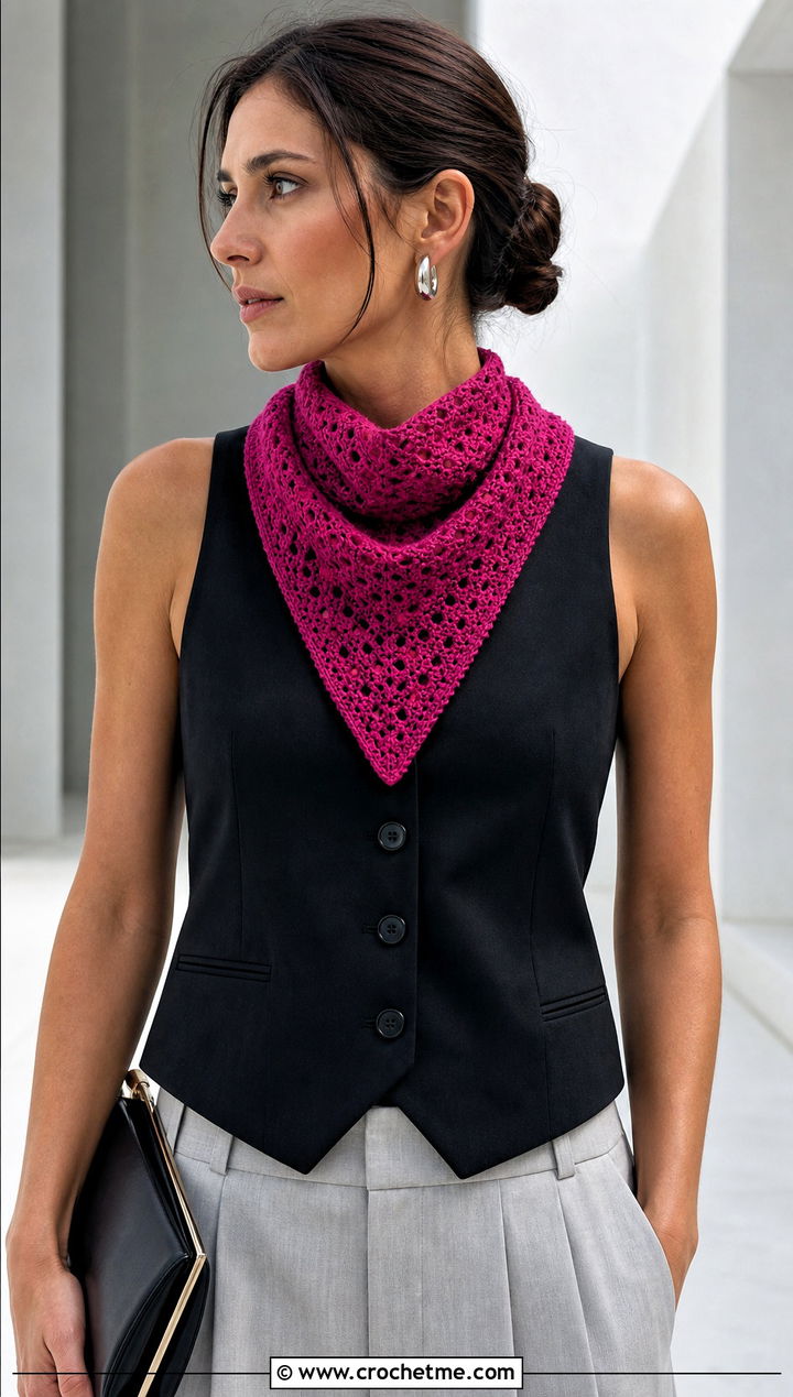 Pointed Crochet Kerchief Scarf With Vest And Wide Leg Pants - 25 Tiny Crochet Scarf outfit ideas