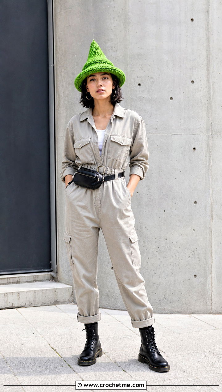 Pointed Crochet Mushroom Hat With Utility Jumpsuit - 35 crochet mushroom hat outfit ideas