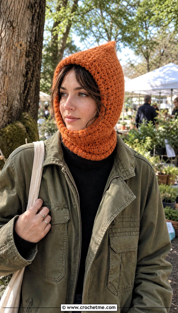 Pointed Crochet Pixie Balaclava With Utility Jacket - 20 crochet balaclava ski mask outfit ideas