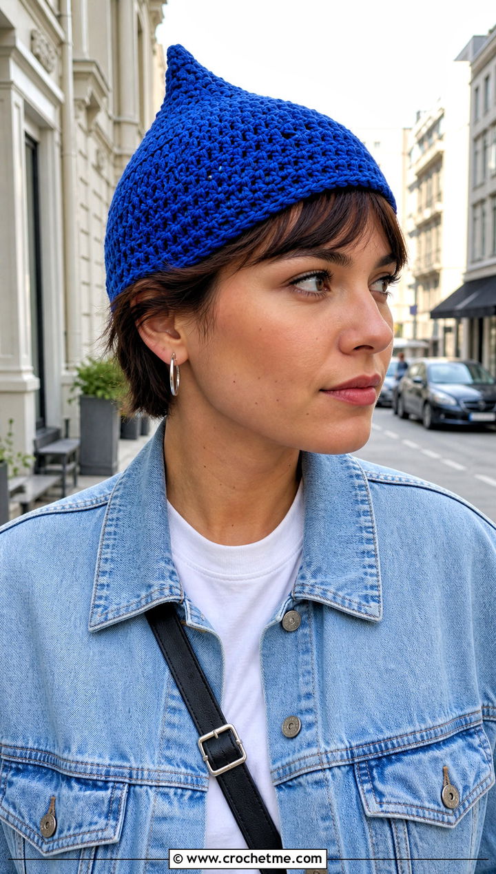 Pointed Crochet Pixie Hat With Denim Jacket - 30 crochet pixie hat outfit ideas