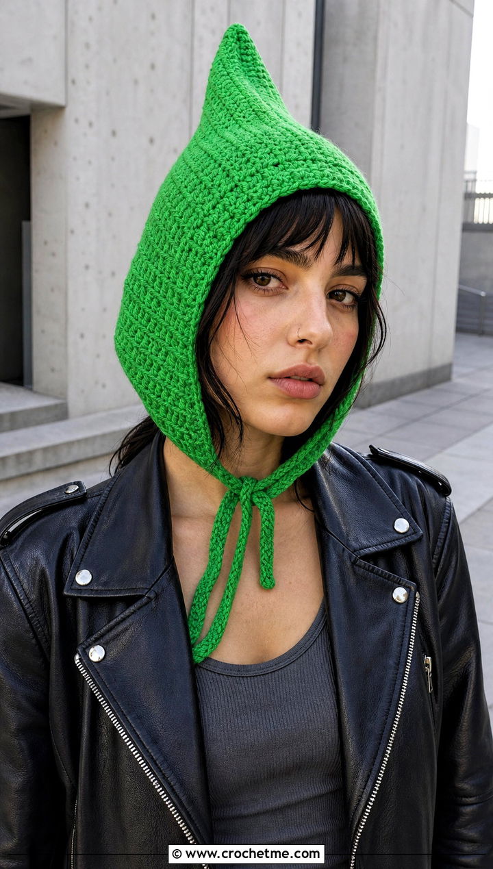 Pointed Crochet Pixie Hood With Leather Jacket - 25 crochet hood hat outfit ideas