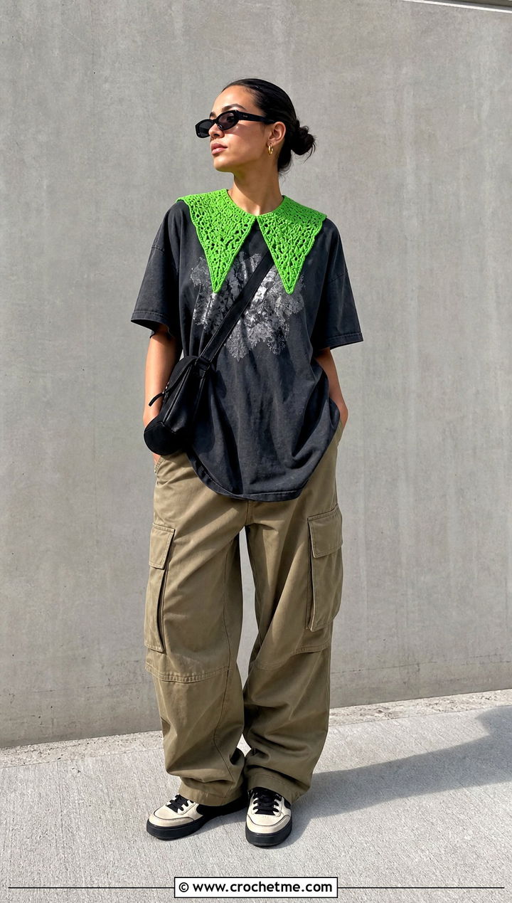 Pointed Crochet Sailor Collar With Graphic T Shirt And Cargo Pants - 30 crochet sailor collar outfit ideas