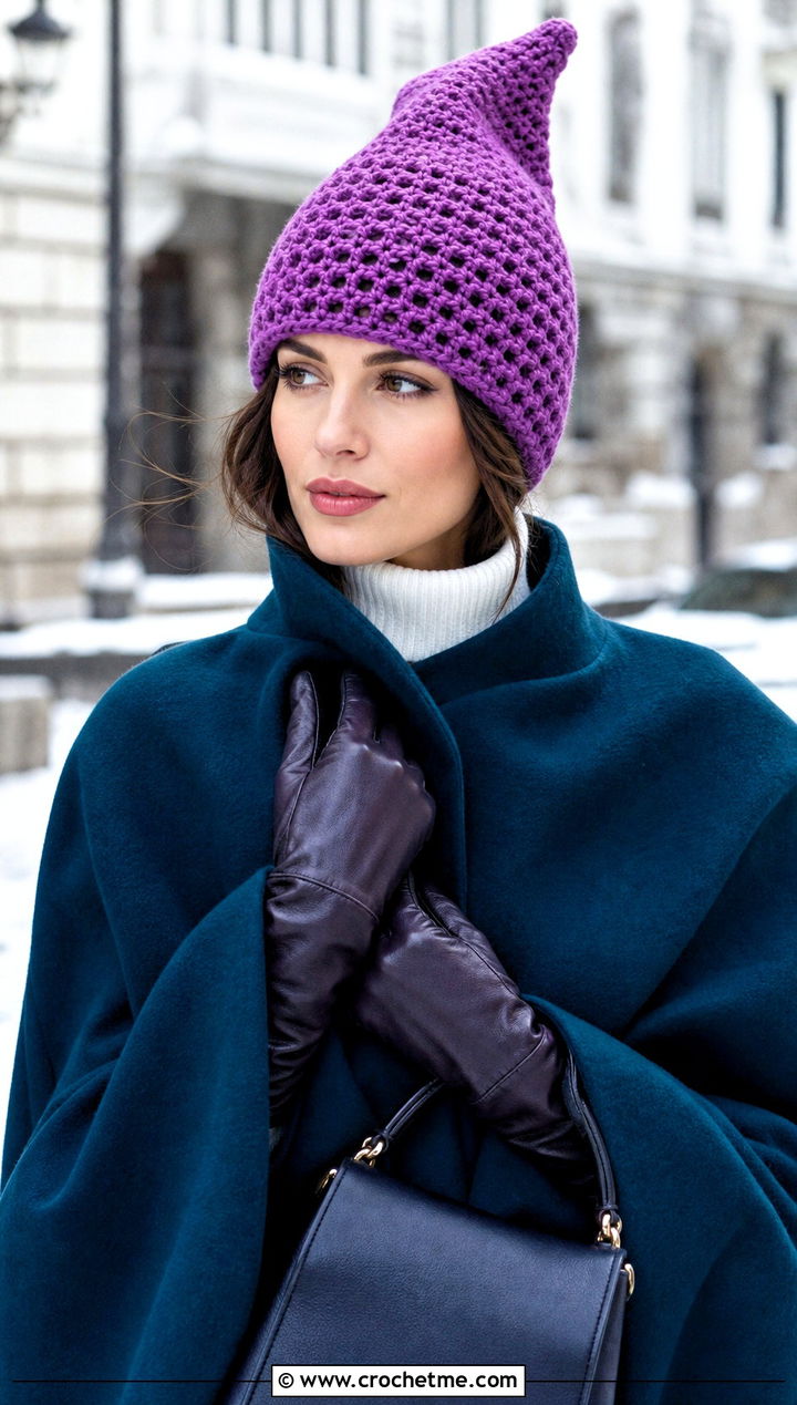 Pointed Crochet Ski Hat With Cape Coat And Tall Boots - 30 crochet ski hat outfit ideas