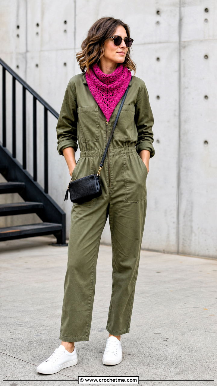 Pointed Crochet Sophie Scarf With Utility Jumpsuit - 35 crochet sophie scarf outfit ideas