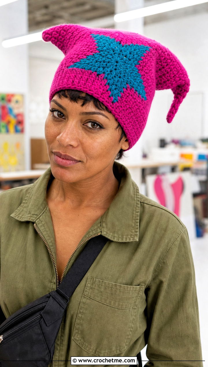 Pointed Crochet Star Pixie Hat With Utility Jumpsuit - 25 crochet star hat outfit ideas