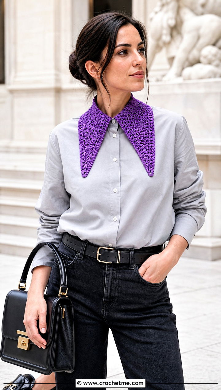 Pointed Crocheted Collar With Button Down Shirt And Jeans - 15 Crocheted Collars outfit ideas