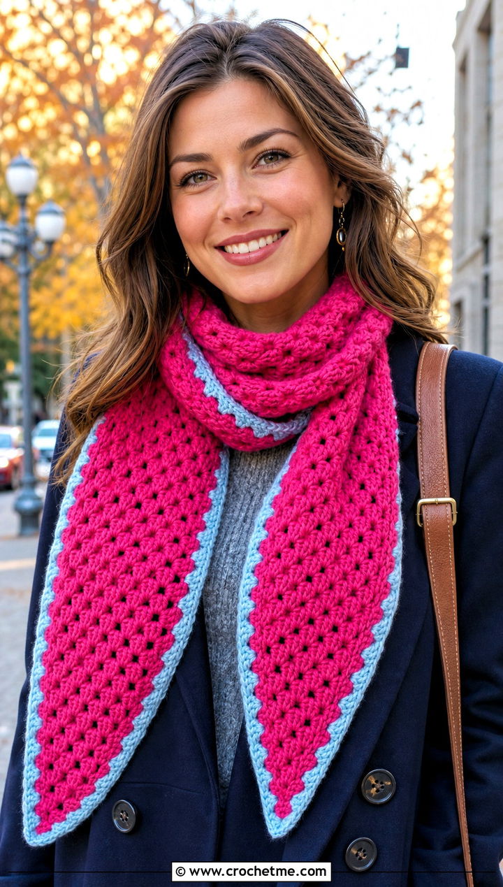 Pointed End Crochet Granny Stitch Scarf With Pea Coat - 30 crochet granny stitch scarf outfit ideas