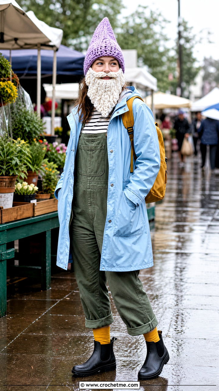 Pointed Gnome Beard Hat With Raincoat - 35 crochet beard hat outfit ideas