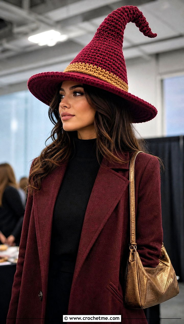 Pointed Gryffindor Crochet Wizard Hat With Monochrome Outfit - 15 gryffindor crochet hat outfit ideas