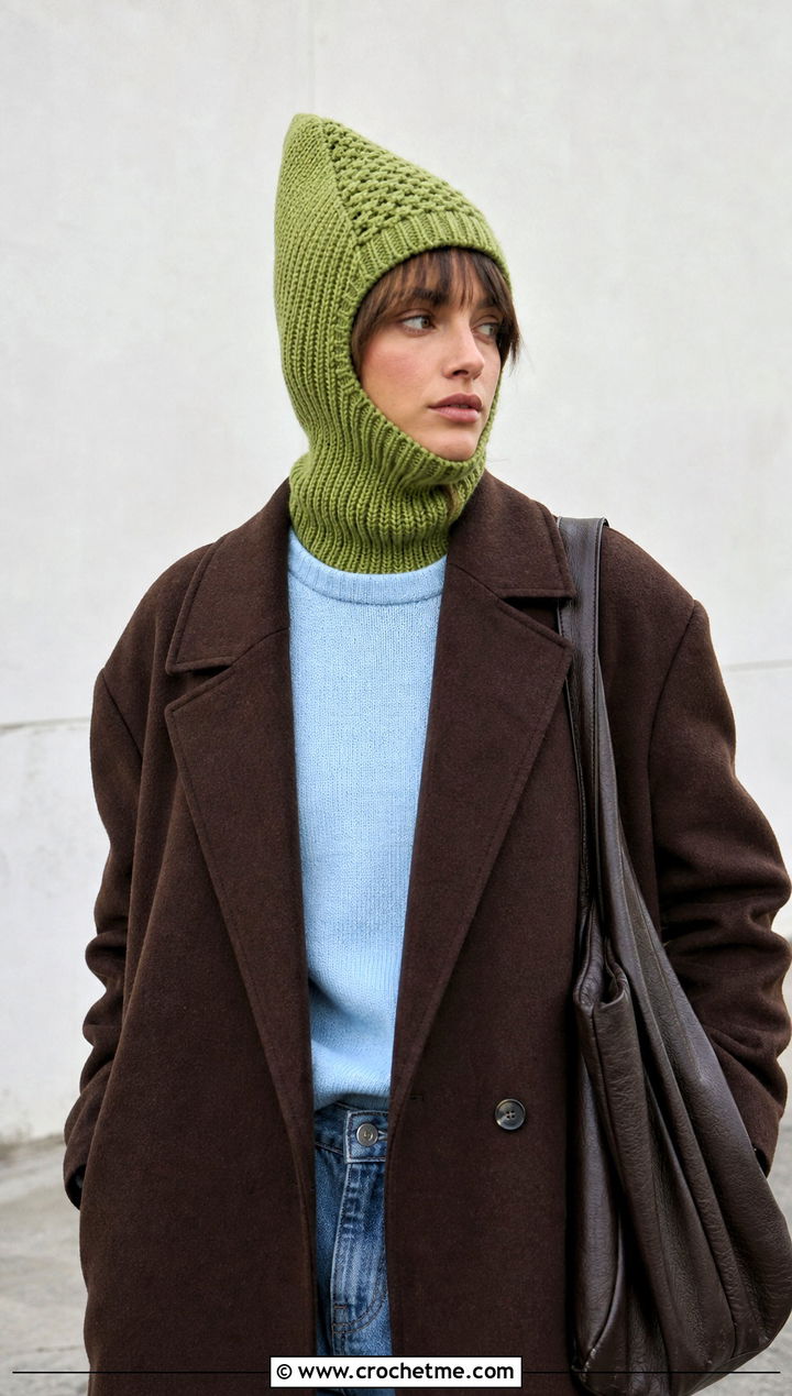 Pointed Helmet Balaclava With Long Coat - 25 crochet helmet balaclava outfit ideas