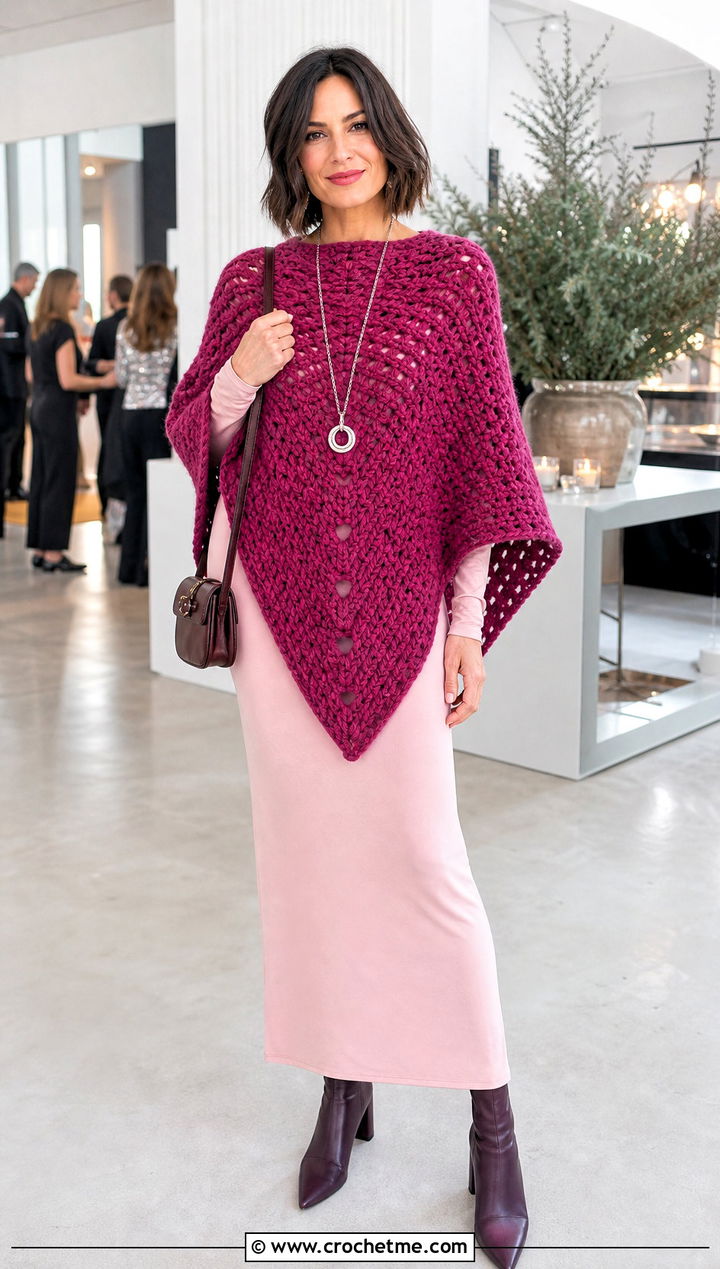 Pointed Hem Chunky Crochet Poncho With Maxi Dress - 25 Chunky Yarn Crochet Poncho outfit ideas
