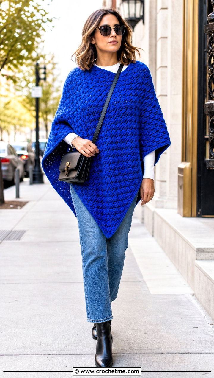 Pointed Hem Corner To Corner Crochet Poncho With Straight Leg Jeans - 15 Corner To Corner Crochet Poncho outfit ideas