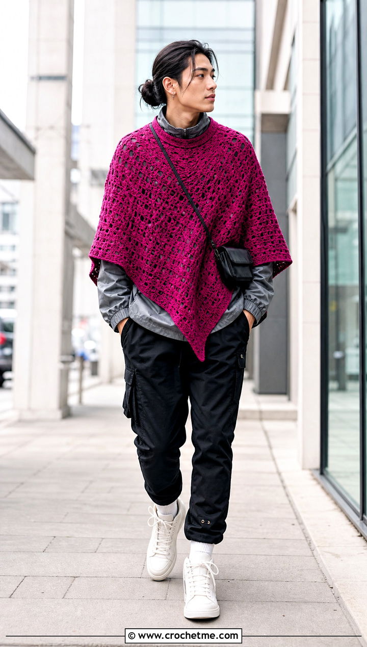 Pointed Hem Crochet Poncho With Bomber Jacket - 25 mens crochet poncho outfit ideas