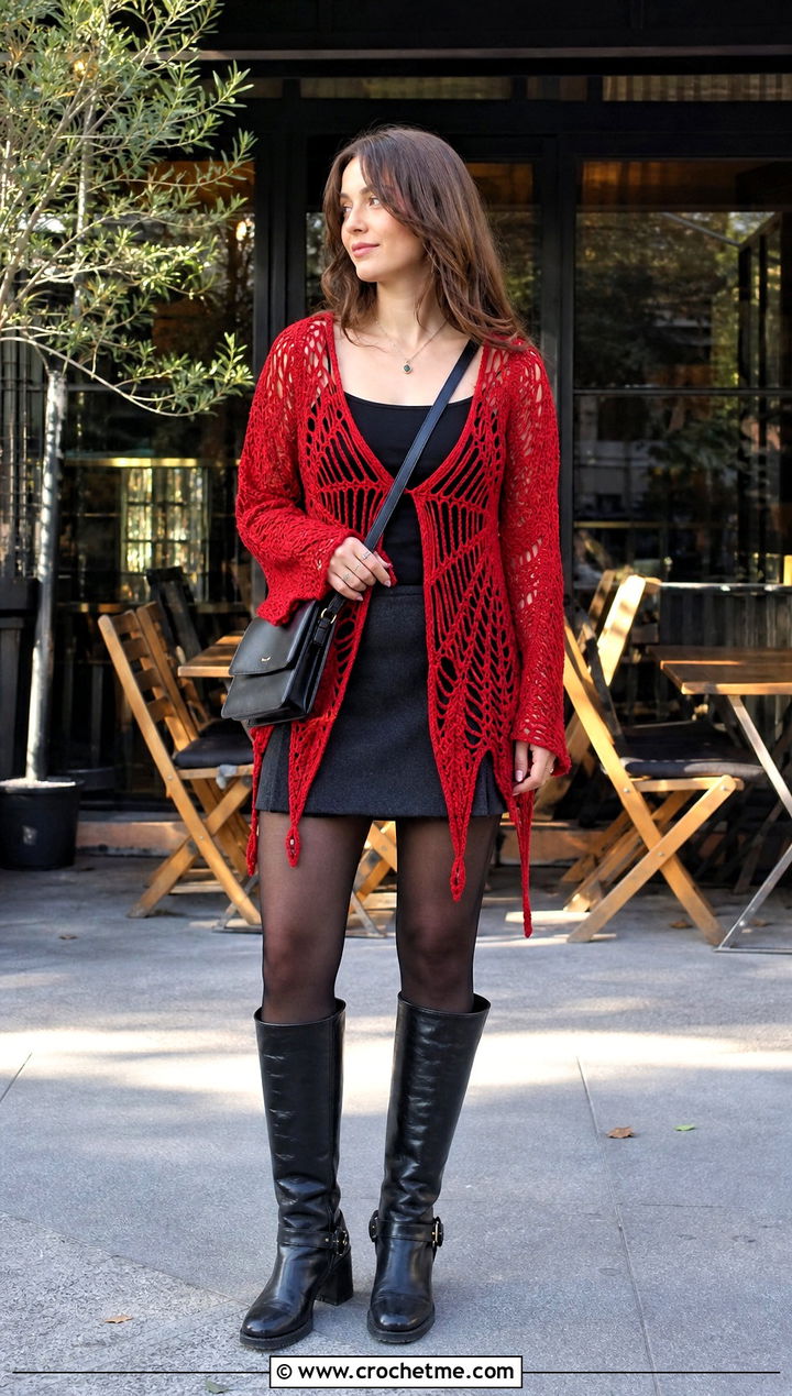 Pointed Hem Crochet Spider Web Cardigan With Mini Skirt - 25 Crochet Spider Web Cardigan outfit ideas
